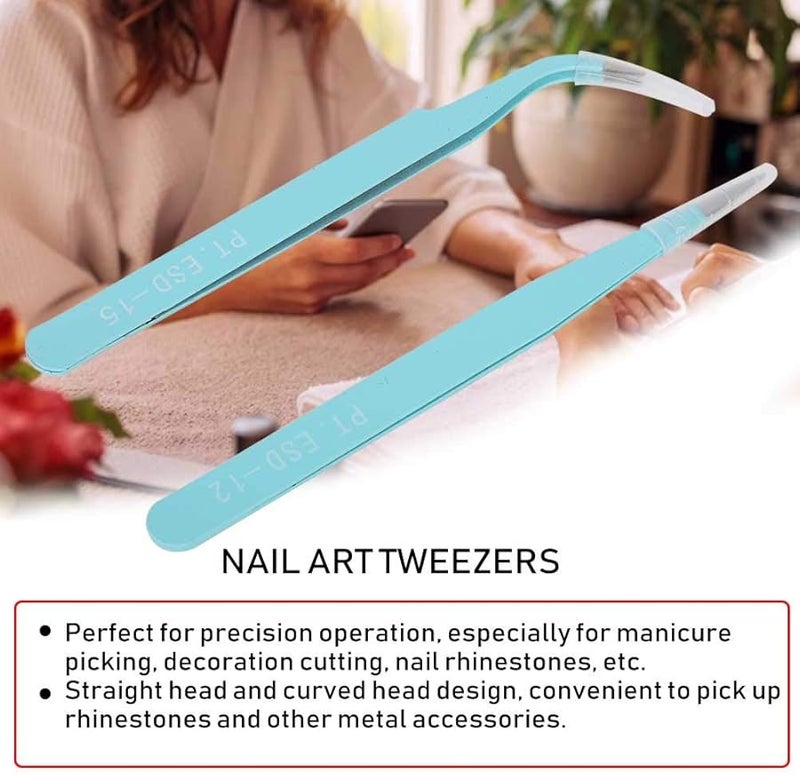 Professional Manicure Tweezers Stainless Steel Straight Curved Head Rhinestone Pickup Blue 2Pcs - Image 2